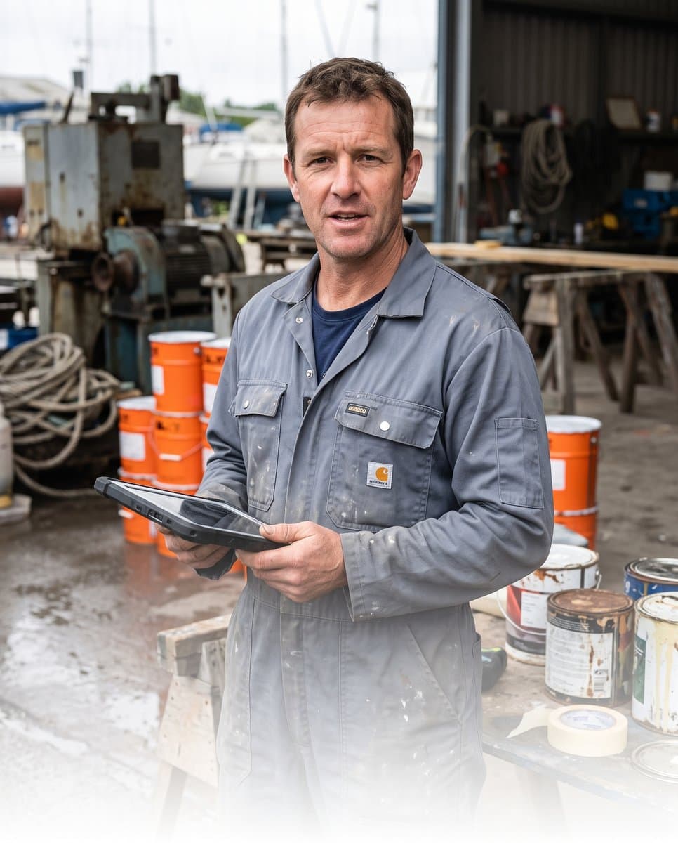 A tradesperson reviewing a project on a tablet at a boatyard